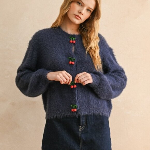 NEW Beaded Cherry Button Front Fuzzy Blue Soft Cardigan - SIZE SMALL - Picture 4 of 5